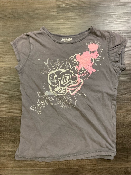Garage Tops - Garage Short Sleeve Gray Tee with Pink Floral Skull Graphic